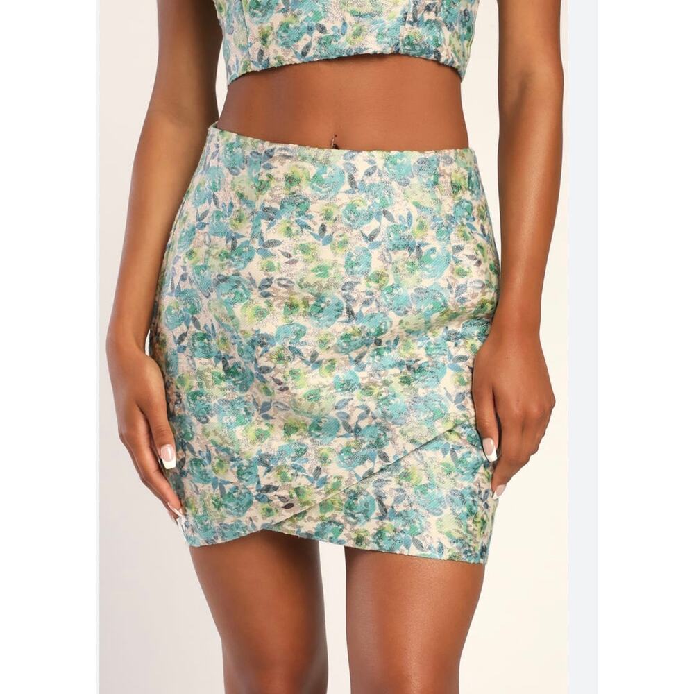 Lulus Sheen and Shimmer Ivory Multi Floral Print Mini Skirt Med